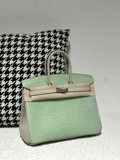 Crocodile Leather Pearl Gray Mint Green 25cm Matte Silver Hardware Top Handle Tote Bag WCB221 image 2