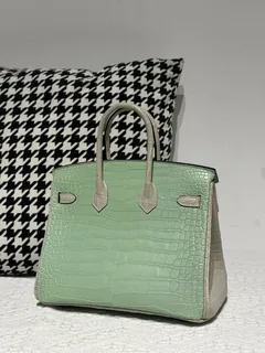 Crocodile Leather Pearl Gray Mint Green 25cm Matte Silver Hardware Top Handle Tote Bag WCB221 image 3