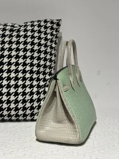 Crocodile Leather Pearl Gray Mint Green 25cm Matte Silver Hardware Top Handle Tote Bag WCB221 image 4