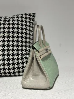 Crocodile Leather Pearl Gray Mint Green 25cm Matte Silver Hardware Top Handle Tote Bag WCB221 image 5
