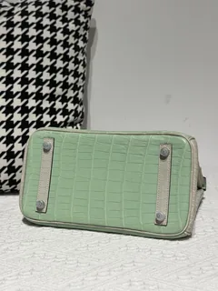 Crocodile Leather Pearl Gray Mint Green 25cm Matte Silver Hardware Top Handle Tote Bag WCB221 image 6