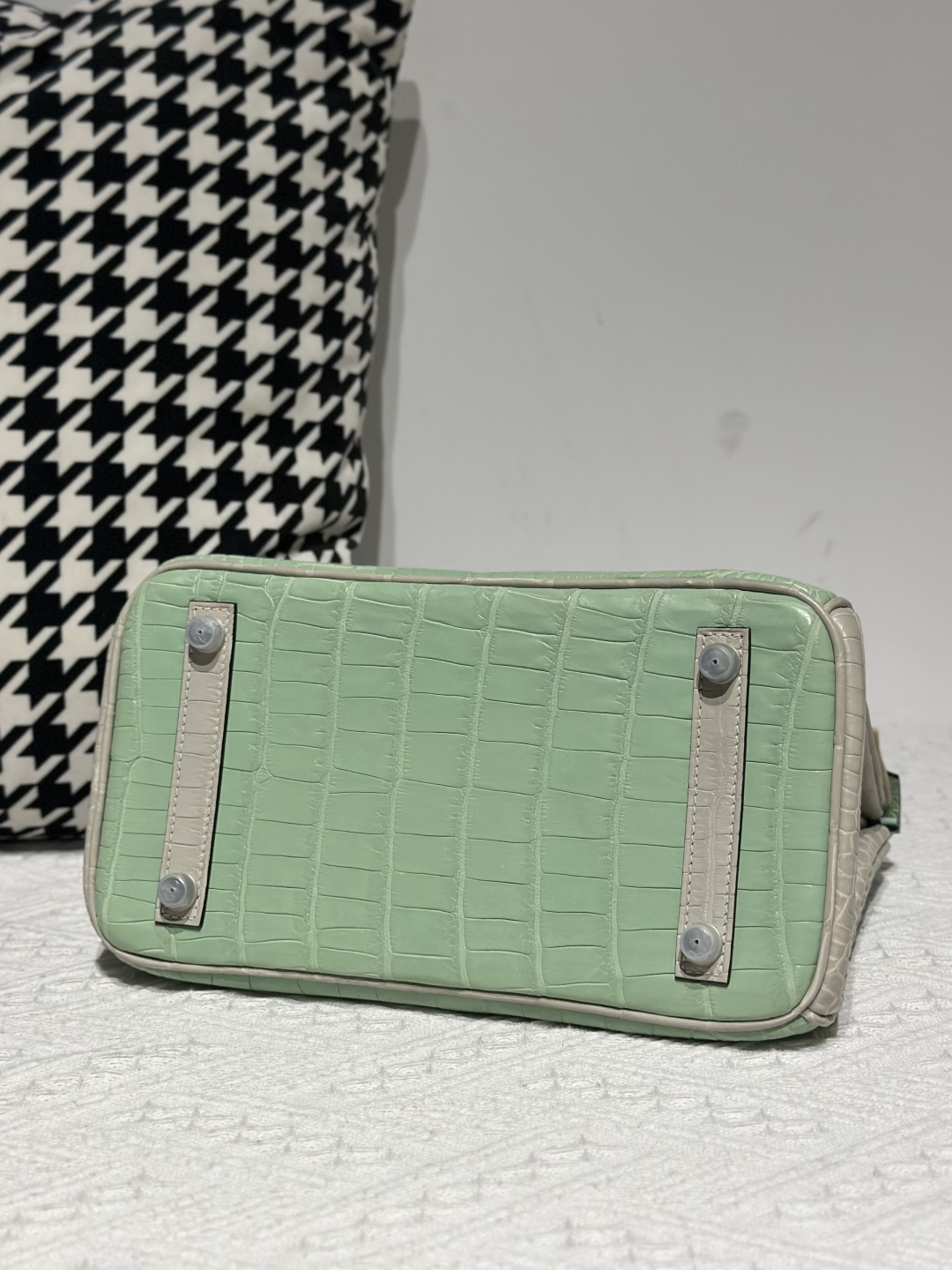 Crocodile Leather Pearl Gray Mint Green 25cm Matte Silver Hardware Top Handle Tote Bag WCB221 photo 6