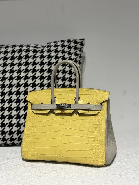 Crocodile Leather Marigold Yellow Pearl Gray 25cm Silver Hardware Top Handle Tote Bag WCB222