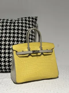Crocodile Leather Marigold Yellow Pearl Gray 25cm Silver Hardware Top Handle Tote Bag WCB222 image 2