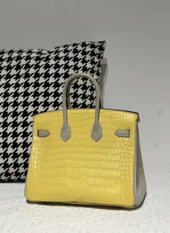 Crocodile Leather Marigold Yellow Pearl Gray 25cm Silver Hardware Top Handle Tote Bag WCB222 image 3