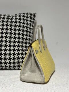 Crocodile Leather Marigold Yellow Pearl Gray 25cm Silver Hardware Top Handle Tote Bag WCB222 image 4