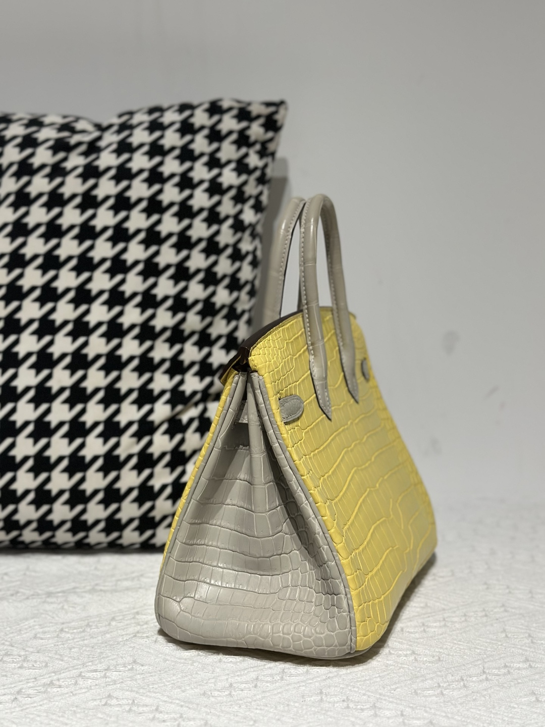 Crocodile Leather Marigold Yellow Pearl Gray 25cm Silver Hardware Top Handle Tote Bag WCB222 photo 4