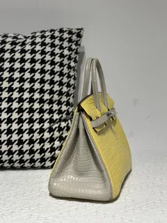 Crocodile Leather Marigold Yellow Pearl Gray 25cm Silver Hardware Top Handle Tote Bag WCB222 image 5