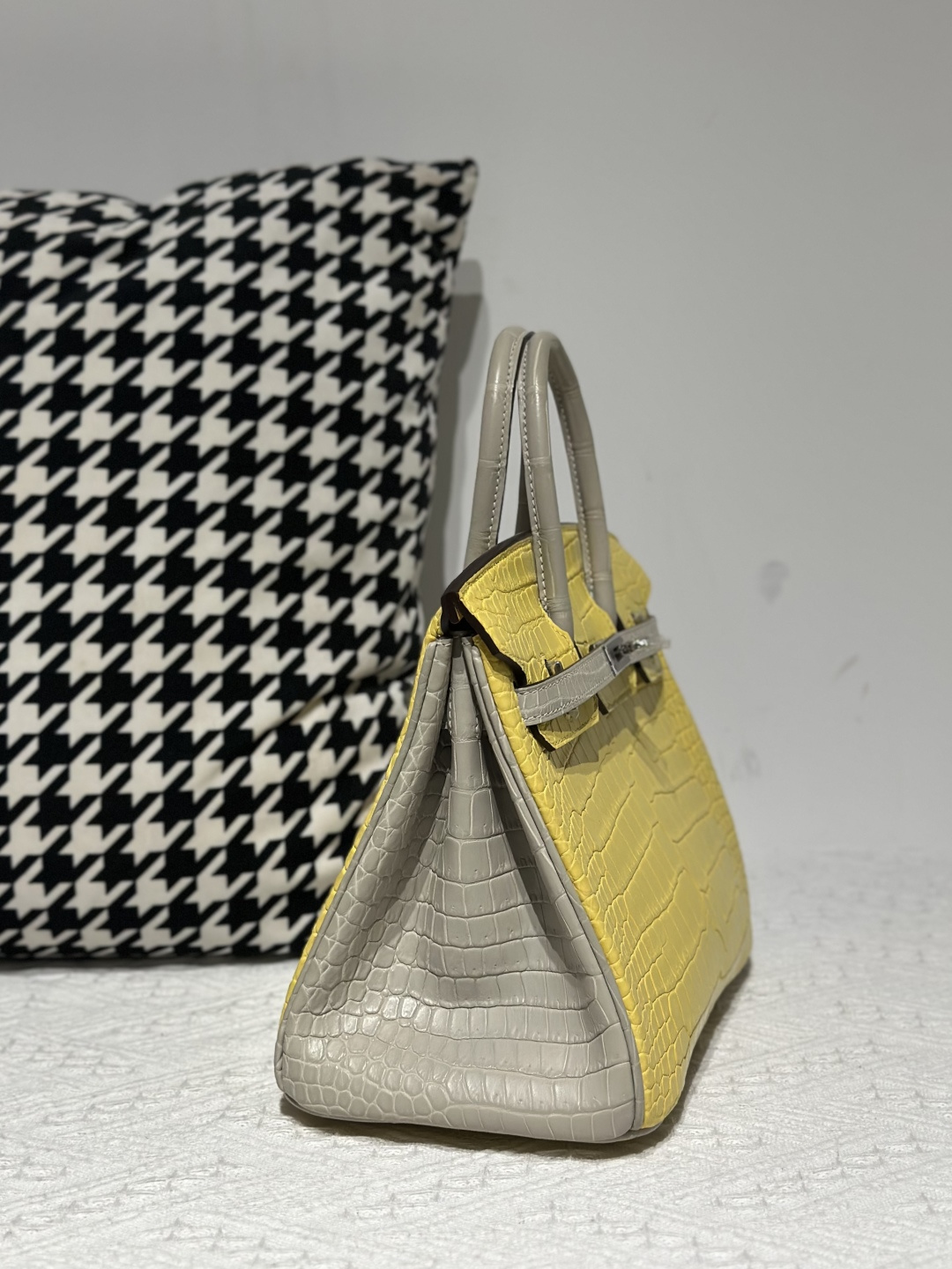 Crocodile Leather Marigold Yellow Pearl Gray 25cm Silver Hardware Top Handle Tote Bag WCB222 photo 5