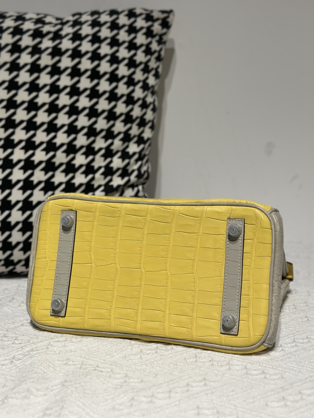 Crocodile Leather Marigold Yellow Pearl Gray 25cm Silver Hardware Top Handle Tote Bag WCB222 photo 6
