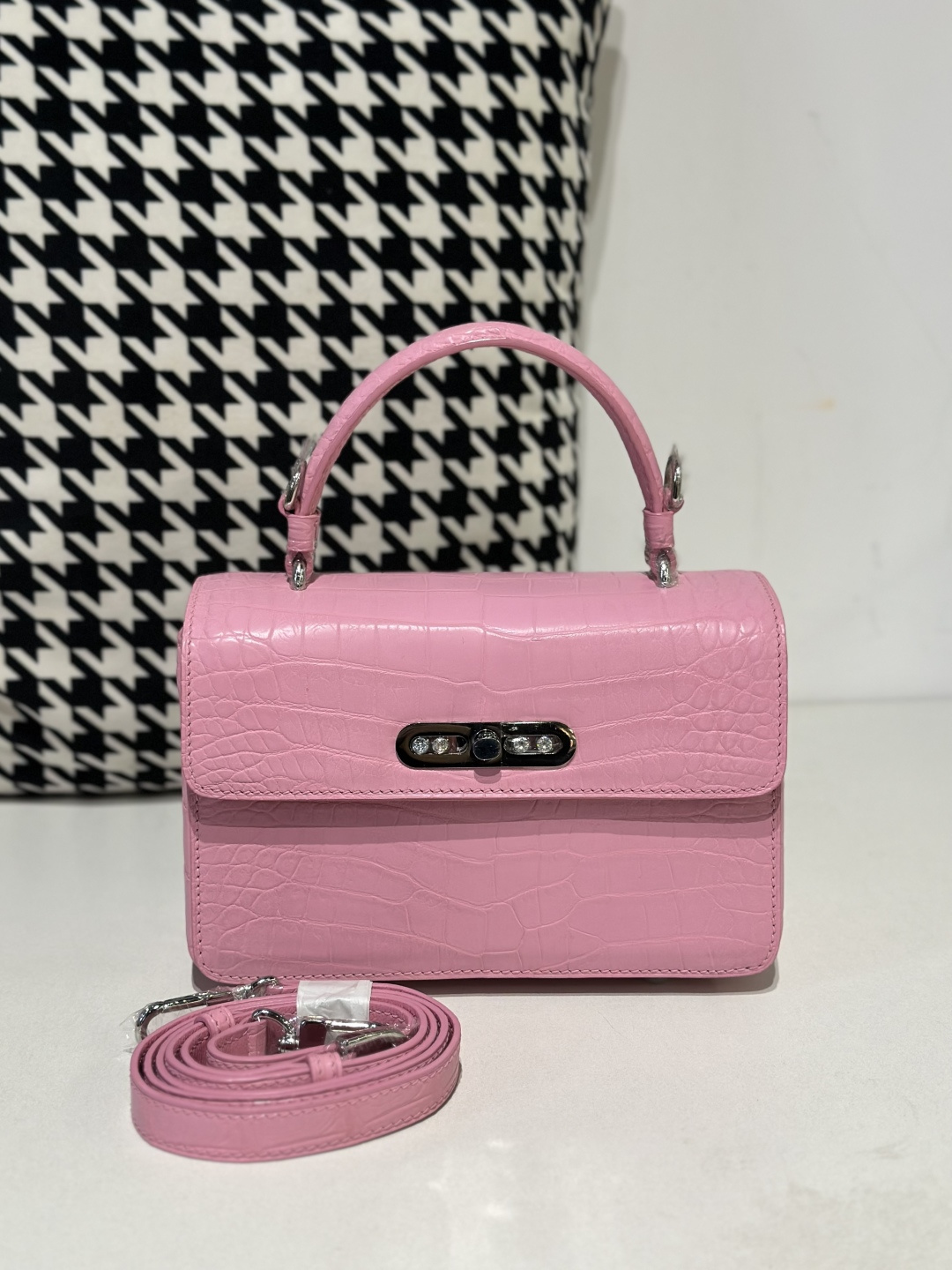 Crocodile Leather Women's Belly Cut Sakura Pink Matte Metal Hardware Shoulder Bag WCB237