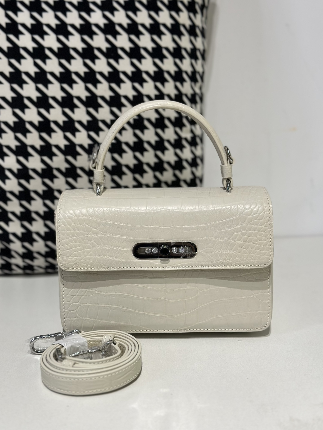Crocodile Leather Women's Belly Cut Glacier White Matte Metal Hardware Shoulder Bag WCB238
