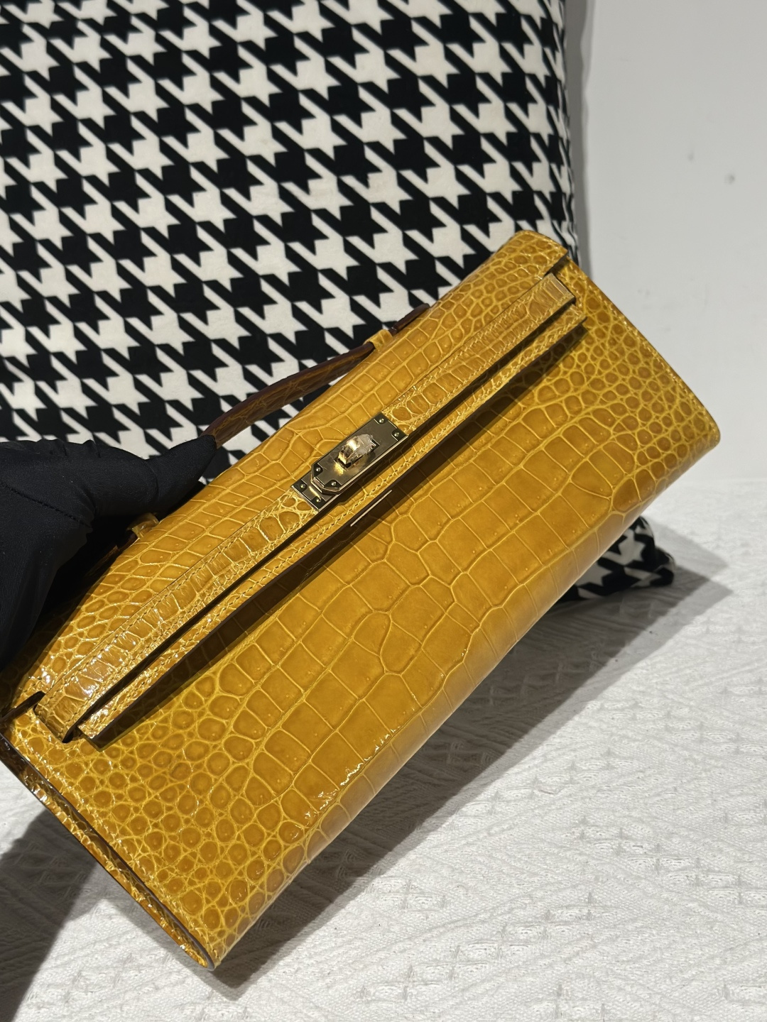 Crocodile Leather Amber Yellow 31cm Glossy Gold Hardware Top Handle Bag WCB240 image 2