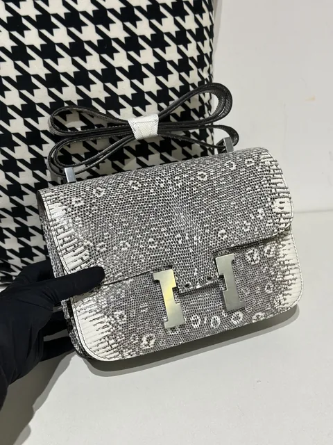 Lizard Leather 23cm Natural Pattern Silver Hardware Flap Shoulder Bag WLB001
