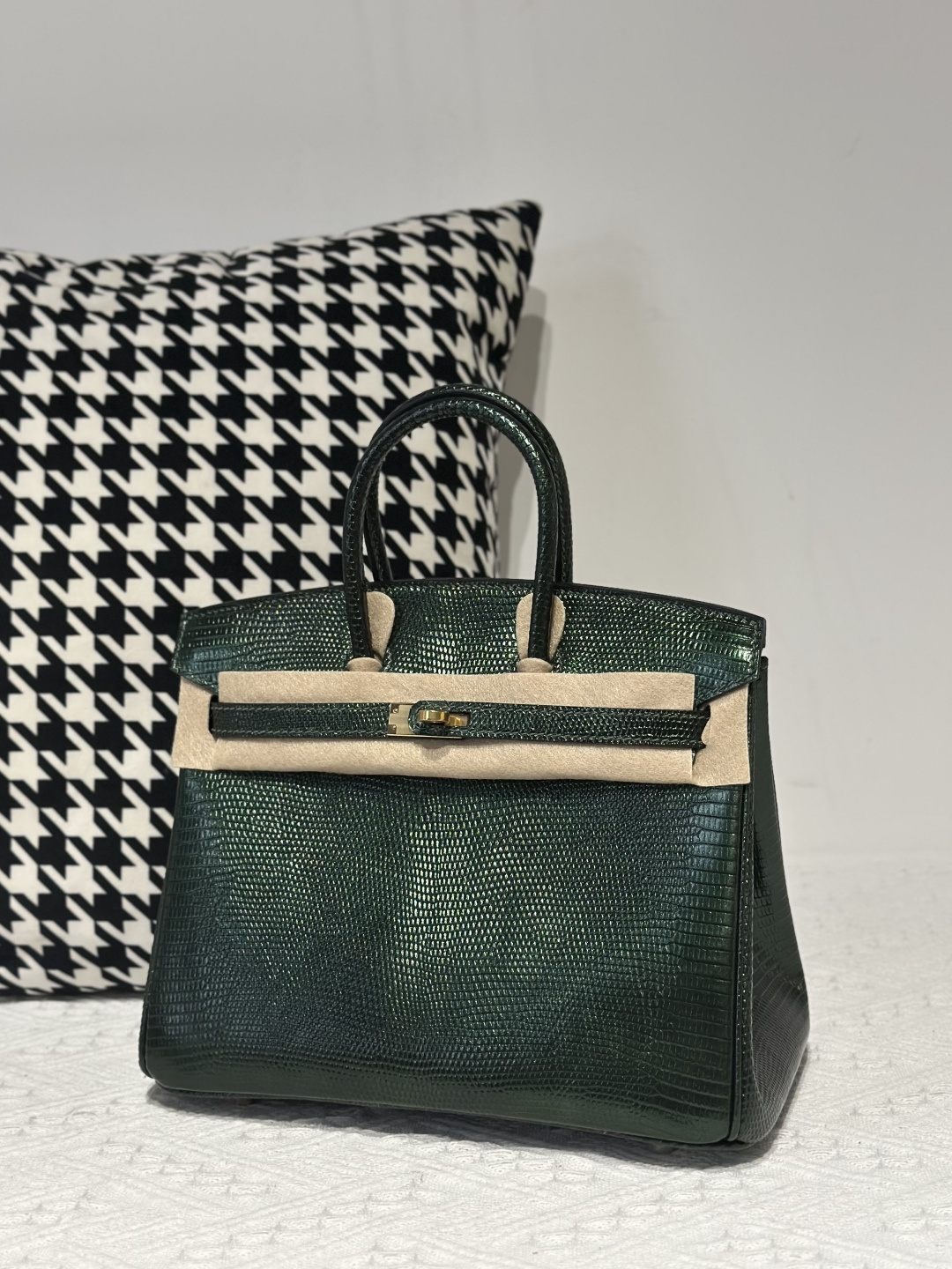 Lizard Leather Pine Green 25cm Gold Hardware Top Handle Tote Bag WLB008 image 2