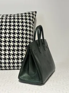 Lizard Leather Pine Green 25cm Gold Hardware Top Handle Tote Bag WLB008 image 4