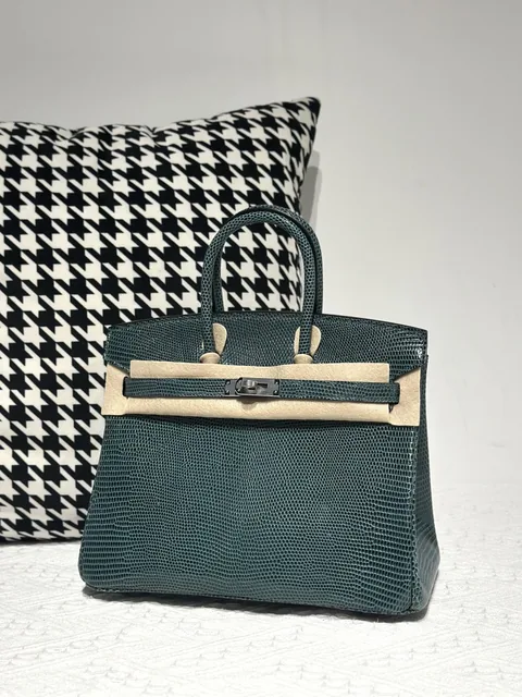 Lizard Leather Pine Green 25cm Silver Hardware Top Handle Tote Bag WLB010
