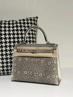 Lizard Leather 28cm Natural Pattern Silver Hardware Top Handle Bag WLB017 image 2