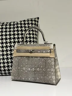 Lizard Leather 28cm Natural Pattern Silver Hardware Top Handle Bag WLB018 image 2