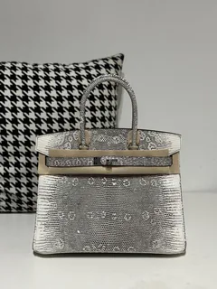 Lizard Leather 30cm Natural Pattern Silver Hardware Top Handle Tote Bag WLB021 image 1