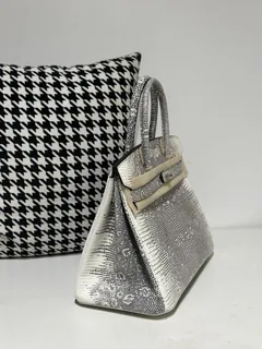 Lizard Leather 30cm Natural Pattern Silver Hardware Top Handle Tote Bag WLB021 image 5