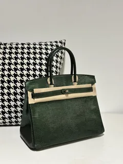 Lizard Leather Pine Green 30cm Gold Hardware Top Handle Tote Bag WLB022 image 2
