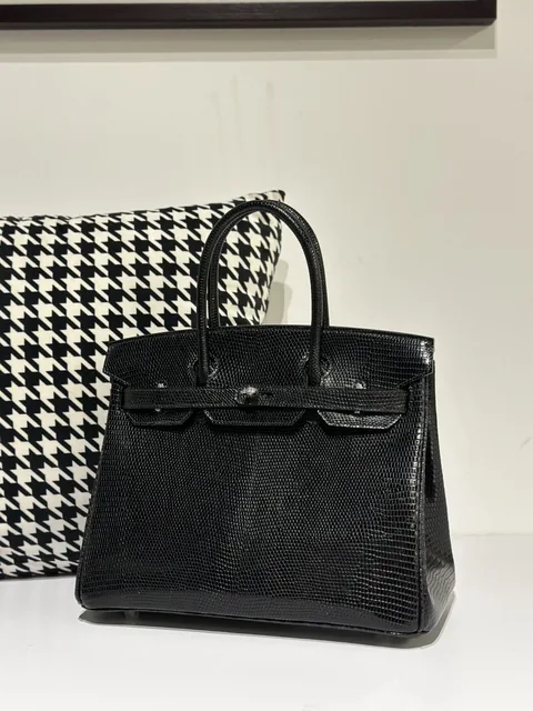 Lizard Leather Black 30cm Silver Hardware Top Handle Tote Bag WLB024