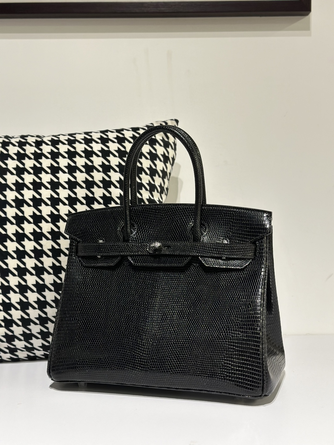 Lizard Leather Black 30cm Silver Hardware Top Handle Tote Bag WLB024