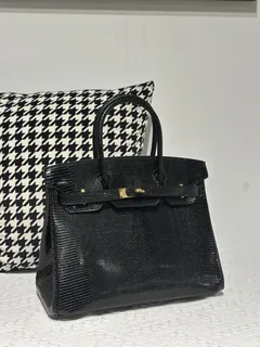 Lizard Leather Black 30cm Gold Hardware Top Handle Tote Bag WLB029 image 2