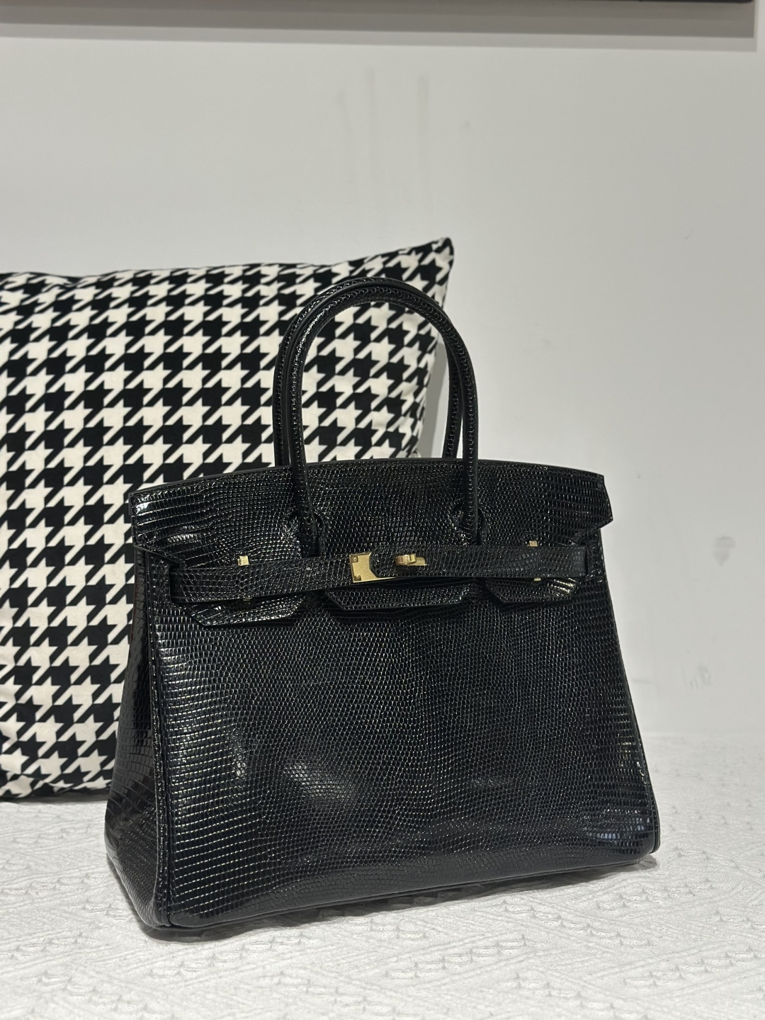 Lizard Leather Black 30cm Gold Hardware Top Handle Tote Bag WLB029 photo 2