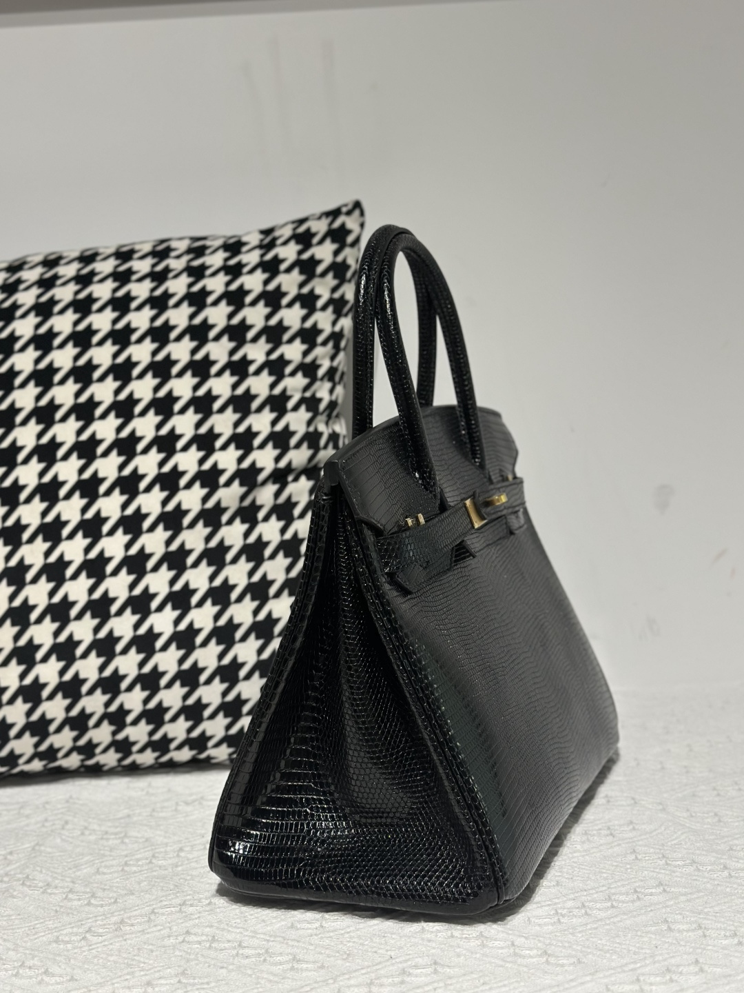 Lizard Leather Black 30cm Gold Hardware Top Handle Tote Bag WLB029 photo 5