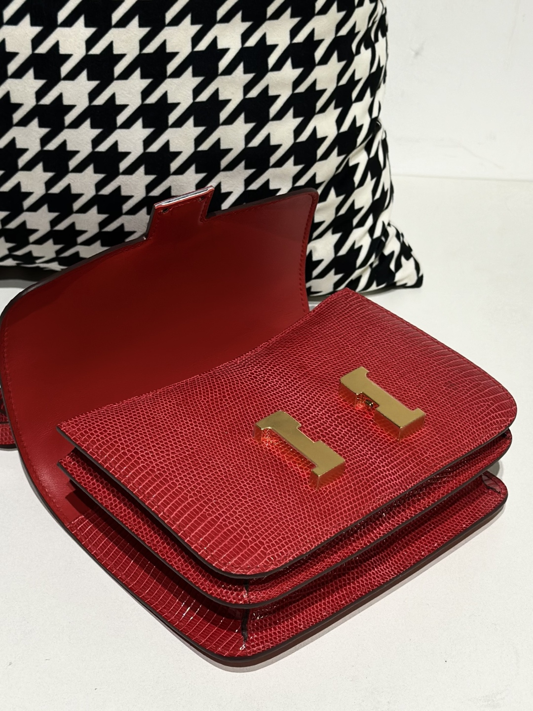 Lizard Leather Pomegranate Red 18cm Gold Hardware Flap Shoulder Bag WLB032 photo 2