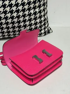 Lizard Leather Neon Pink 18cm Silver Hardware Flap Shoulder Bag WLB033 image 2