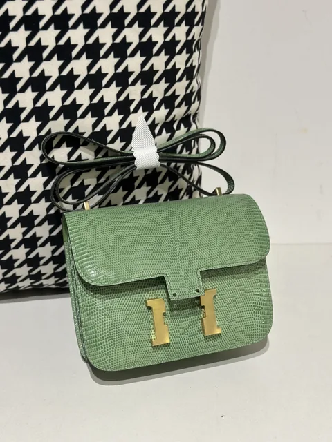 Lizard Leather Avocado Green 18cm Gold Hardware Flap Shoulder Bag WLB035