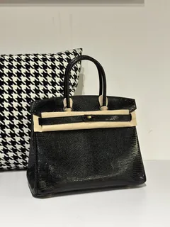 Lizard Leather Black 30cm Gold Hardware Top Handle Tote Bag WLB043 image 2