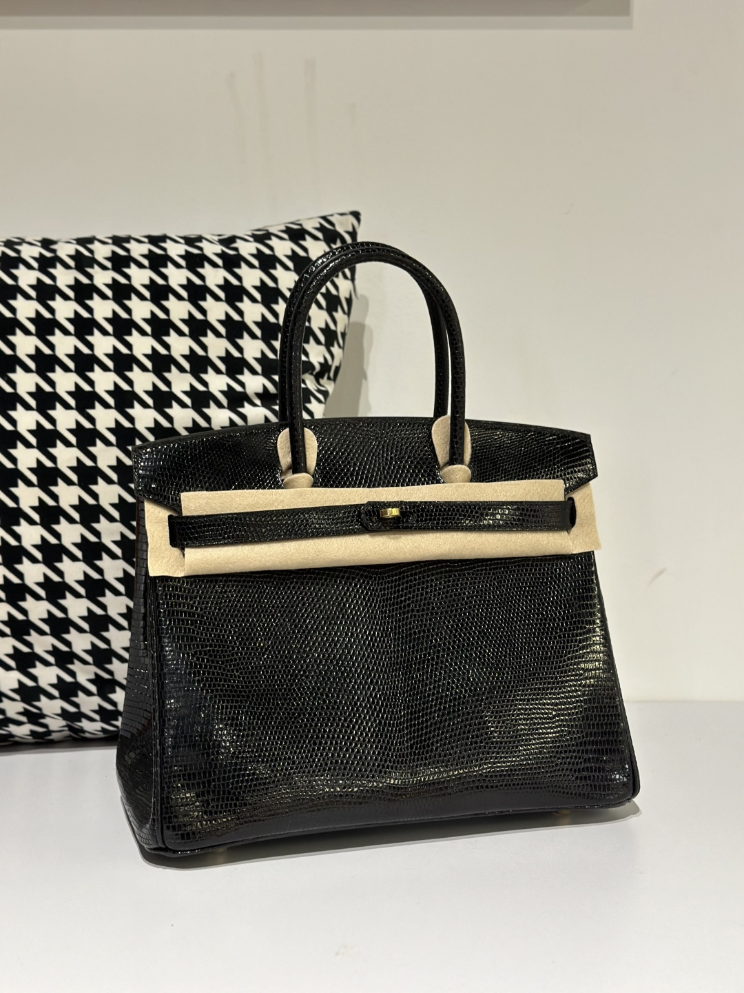 Lizard Leather Black 30cm Gold Hardware Top Handle Tote Bag WLB043 photo 2
