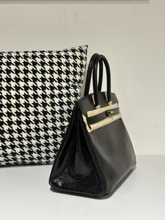 Lizard Leather Black 30cm Gold Hardware Top Handle Tote Bag WLB043 image 5