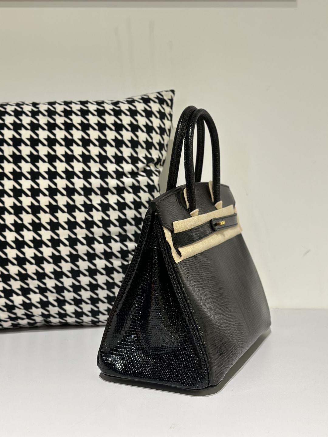 Lizard Leather Black 30cm Gold Hardware Top Handle Tote Bag WLB043 photo 5