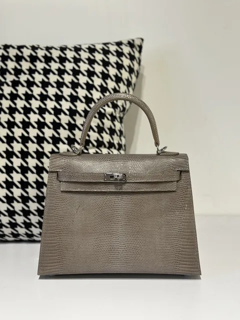 Lizard Leather Taupe Gray 25cm Silver Hardware Top Handle Bag WLB046