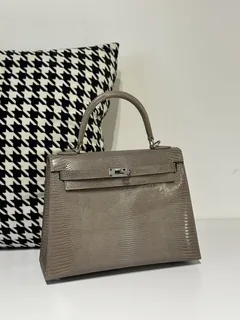Lizard Leather Taupe Gray 25cm Silver Hardware Top Handle Bag WLB046 image 2