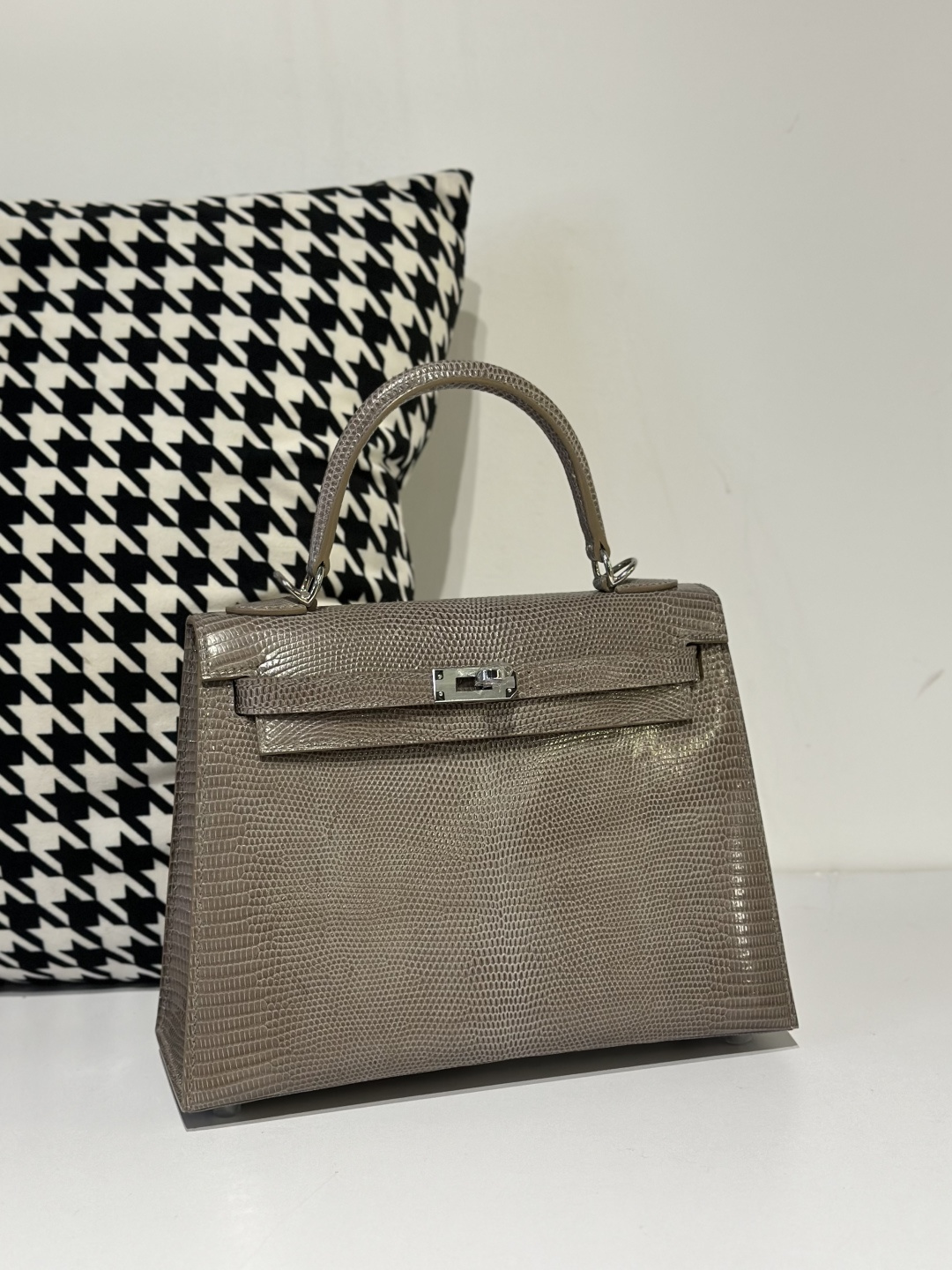 Lizard Leather Taupe Gray 25cm Silver Hardware Top Handle Bag WLB046 photo 2