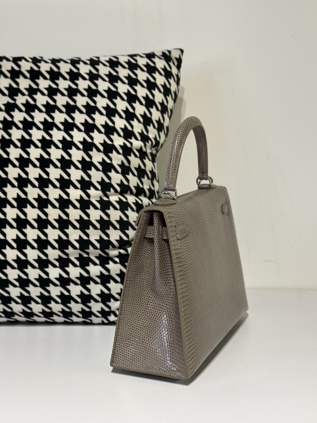 Lizard Leather Taupe Gray 25cm Silver Hardware Top Handle Bag WLB046 photo 4
