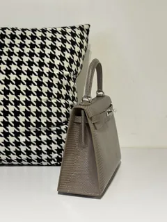 Lizard Leather Taupe Gray 25cm Silver Hardware Top Handle Bag WLB046 image 5
