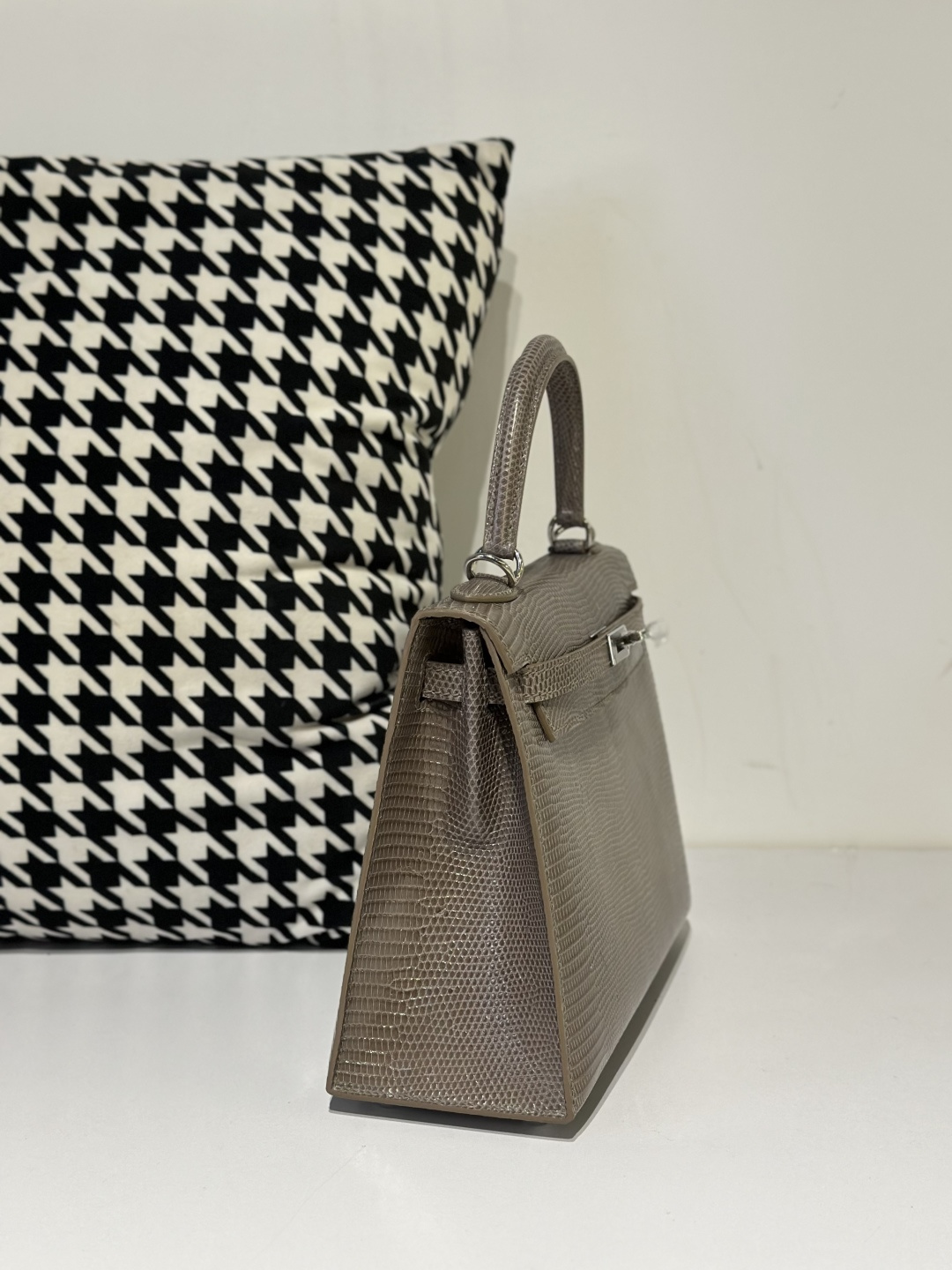 Lizard Leather Taupe Gray 25cm Silver Hardware Top Handle Bag WLB046 photo 5