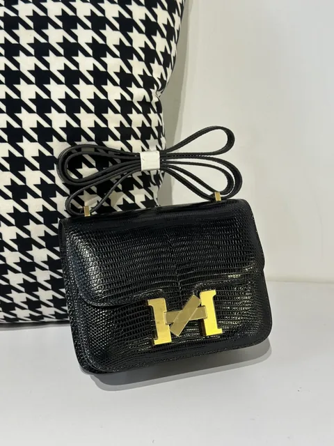 Lizard Leather Black 18cm Gold Hardware Flap Shoulder Bag WLB048