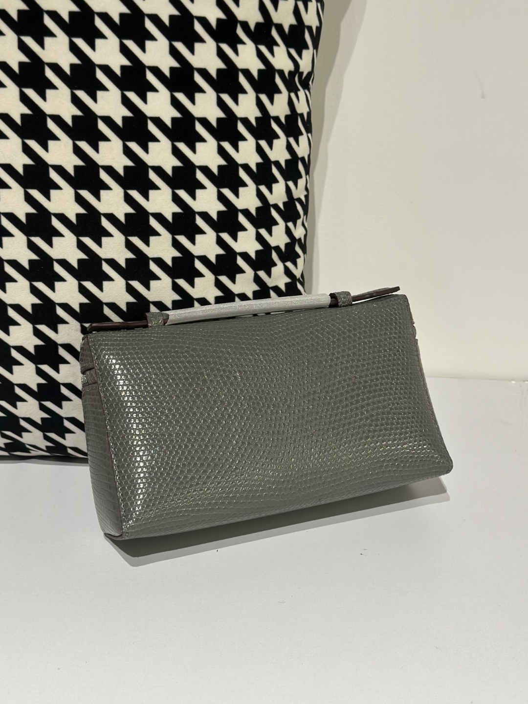 Lizard Leather Charcoal Gray 19cm Silver Hardware Top Handle Bag WLB052 photo 3