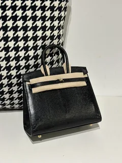 Lizard Leather Black 20cm Gold Hardware Top Handle Tote Bag WLB069 image 1