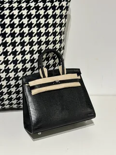 Lizard Leather Black 20cm Silver Hardware Top Handle Tote Bag WLB070 image 1
