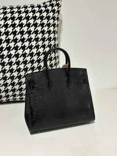 Lizard Leather Black 20cm Silver Hardware Top Handle Tote Bag WLB070 image 3