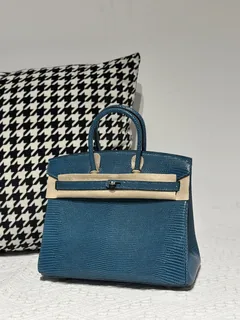 Lizard Leather Izmir Blue 25cm Silver Hardware Top Handle Tote Bag WLB086 image 1